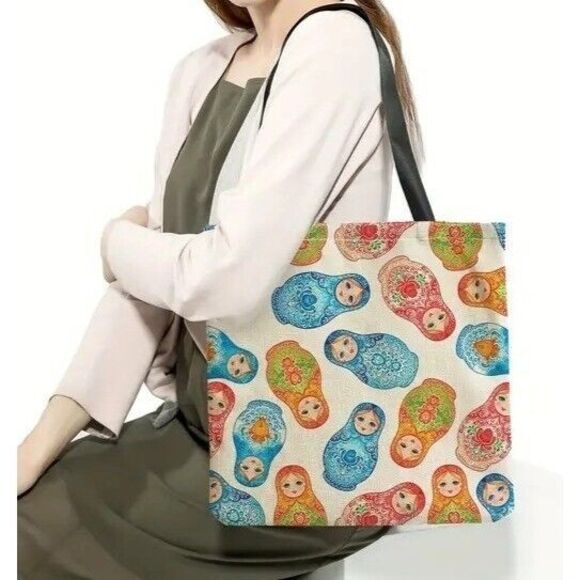 Russian Matryoshka Nesting Dolls Print Tote Handbag Travel Shoulder Bag 15-in Sq - Picture 3 of 4